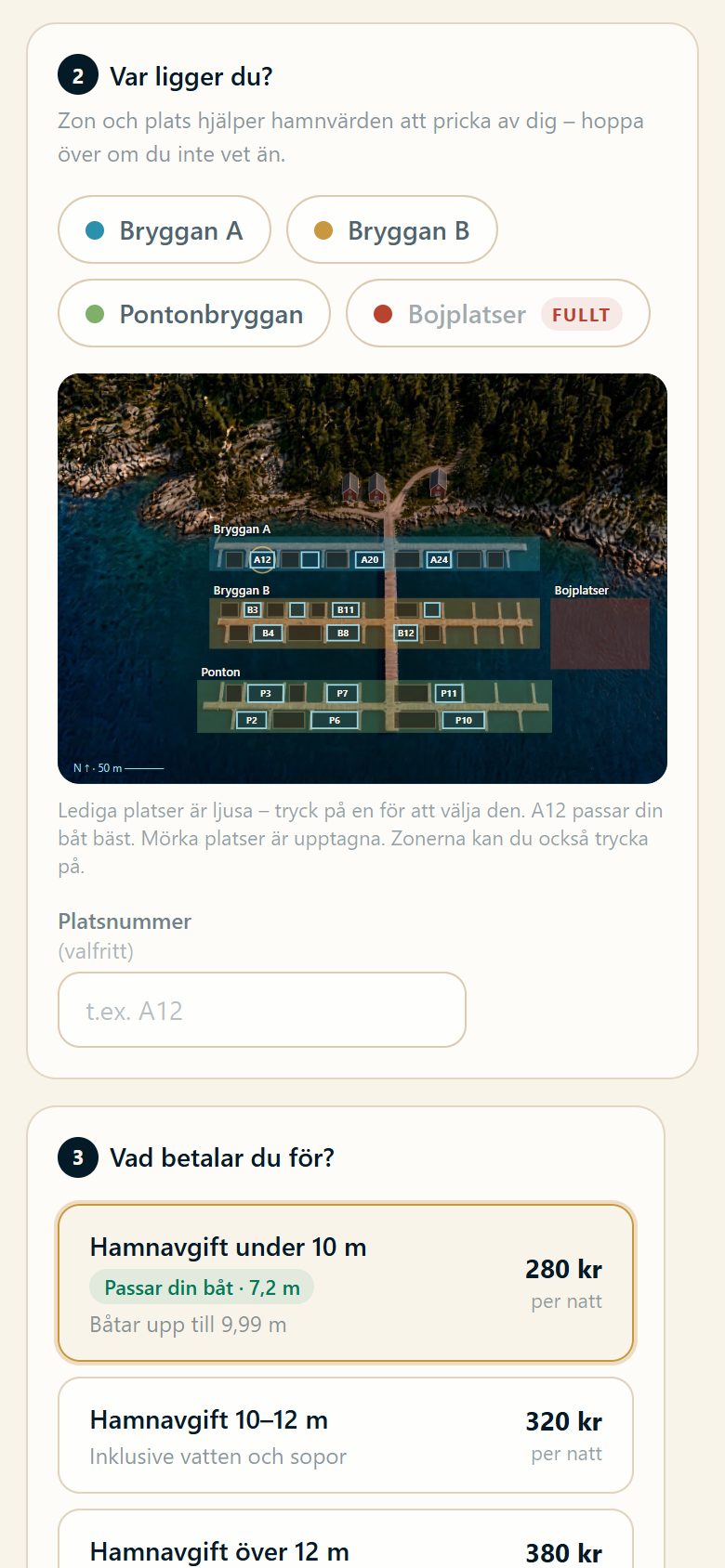 Hamnkartan i mobilen med lediga och upptagna platser